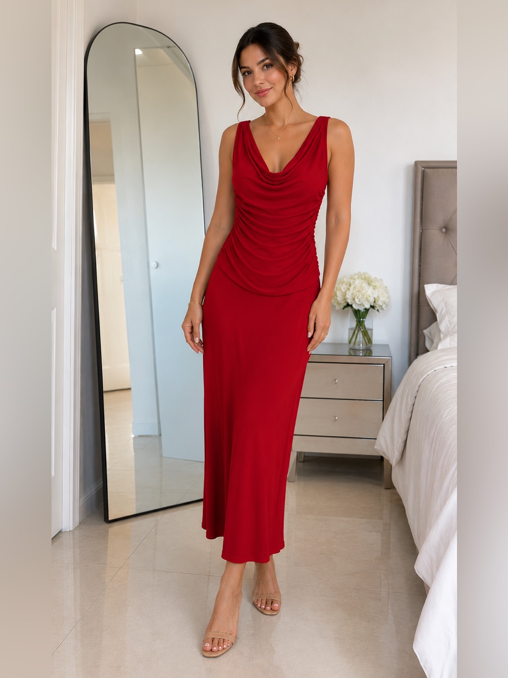 Night Way Collections Red Draped Cowl Neck Maxi Dress